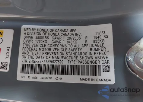 2024 Honda Civic Sport from USA, damaged, VIN 2HGFE2F57RH527599